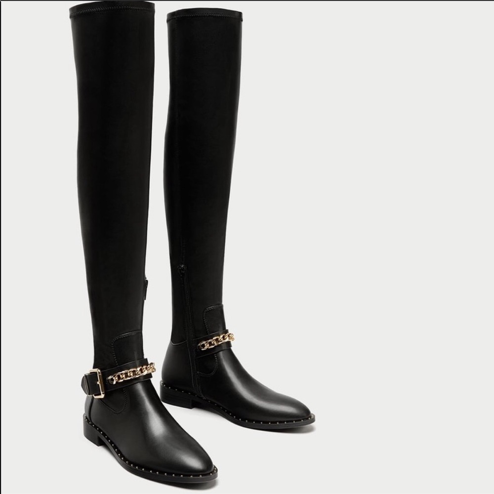 NWT Zara Over the Knee Chain Studded Boots